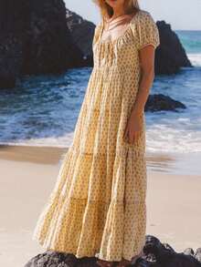 Woman Floral Puff Sleeve Maxi Dress Boho Ruffle Flowy Long Dresses Tiered A Line Summer Sundress - 黃色 - 查看 1