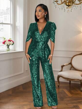 Gold Sequin Deep V-Neck, Half - Sleeve High -Waist Wide-Leg, Autumn/Winter Christmas Party Luxury Jumpsuit, BalI Gown Halloween Clothes Forwomen