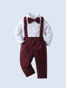 2 Stücke Jungenoutfit im Gentleman-Stil - Langarmhemd mit Schleife und Hosenträger-Hose, Mode & Geeignet für Geburtstagsfeiern, Hochzeiten, Ringträger Festkleidung - Bordeaux - Übersicht 1
