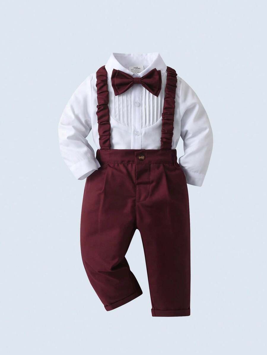 2 Stücke Jungenoutfit im Gentleman-Stil - Langarmhemd mit Schleife und Hosenträger-Hose, Mode & Geeignet für Geburtstagsfeiern, Hochzeiten, Ringträger Festkleidung - Bordeaux - Übersicht 1