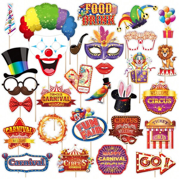 30Pcs/Set, Carnival Photo Booth Props, Circus Animal Masks, Clown Glasses For Birthday Party Decorations, Novelty Glasses, Funny Eyeglasses, Birthday Party Glasses, Masquerade Ball Decorations