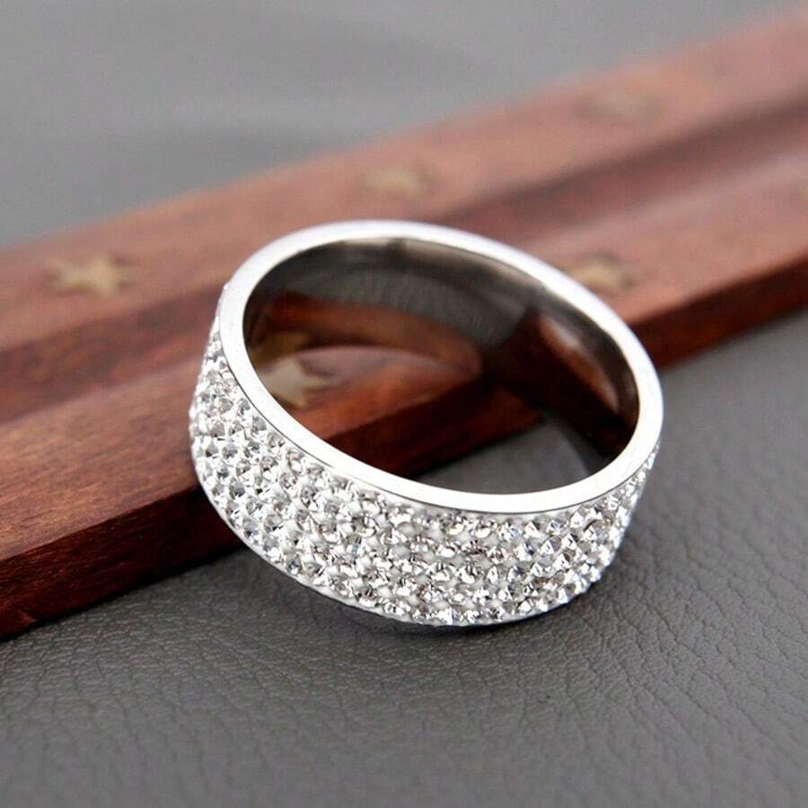 1pc Fashionable European & American 8mm 5-Row Zirconia Titanium Steel Ring, Precision Designed Micro Pave Rhinestone Couple Ring, Popular Jewelry Accessory, Bestselling Cross-Border, Stainless Steel Rhinestone Shimmering Band - Silver - View 1