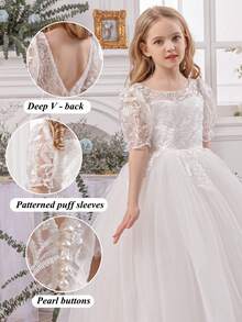 少女白色蕾丝边深V露背网纱毕业优雅公主裙，适合女孩穿着，可用于生日派对、婚礼、花童、伴娘、特殊场合和庆典、毕业典礼等。 - 白色 - 查看 4