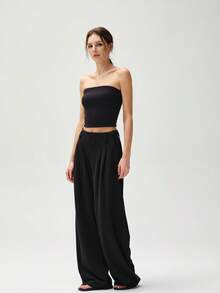 RRIVE High Waisted Wide Leg Trousers Slimming Palazzo Pants With Elastic Waist And Pockets Flowing Fabric For Business Casual, Work Clothes Women Pants Pantalones Anchos De Mujer - 黑色 - 查看 5