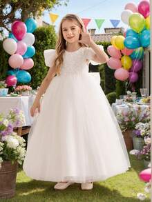 少女白色蝴蝶结短袖派对礼服，优雅公主裙，适合女孩生日派对、婚礼、花童、舞会等场合。 - 白色 - 查看 4