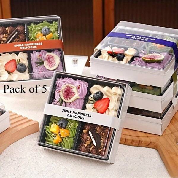5/10pcs Plastic Charcuterie Boxes, Disposable Dessert Containers, Square Multi-Section Serving Trays For Sandwiches, Cake Slices, Pastries, And Snacks With Clear Lids