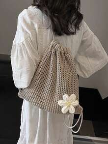 Yogodlns 纯色针织单肩包大容量波西米亚钩针背包镂空百搭沙滩旅行手提包女士休闲网眼抽绳女背包轻便通勤单肩包女士旅行沙滩包 - 卡其色 - 查看 3