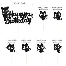 7 peças/12 peças Toppers de Cupcake com Glitter Preto Tema de Gato Feliz Aniversário, Decorações para Festa de Aniversário, Chá de Bebê ou Festa com Tema de Gato ou Animais de Estimação - Preto - Visão 3