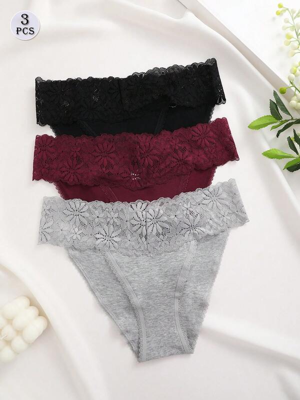 FINETOO 3 pezzi di perizomi da donna casual e comodi, in stile romantico e minimalista alla francese, a vita bassa, con inserti in pizzo, taglio alto