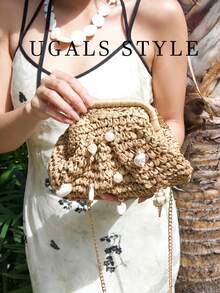 Túi mua sắm phong cách giải trí Túi có nắp dệt Bohemian với thiết kế đảo Túi đi biển bằng rơm Túi cầm tay buổi tối bằng mây cho nữ Túi xách cô dâu, tiệc cưới, tiệc vũ hội, túi xách Tote - màu nâu - Xem 8