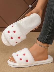 Pantofole da donna con ricamo a cuore, pantofole morbide e imbottite con punta aperta per uso interno/esterno, pantofole calde per l'autunno/inverno - Bianco - Visualizzare 3