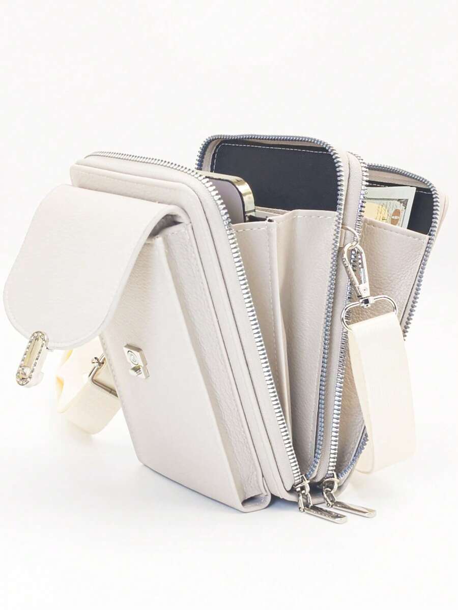 MINGYOU New Fashion Embroidered Soft Double Zipper Multifunctional Large Capacity Phone Wallet, Cute & Elegant Ladies/Students Crossbody Bag, Suitable For Shopping, Dating, Gift - Beige - View 1