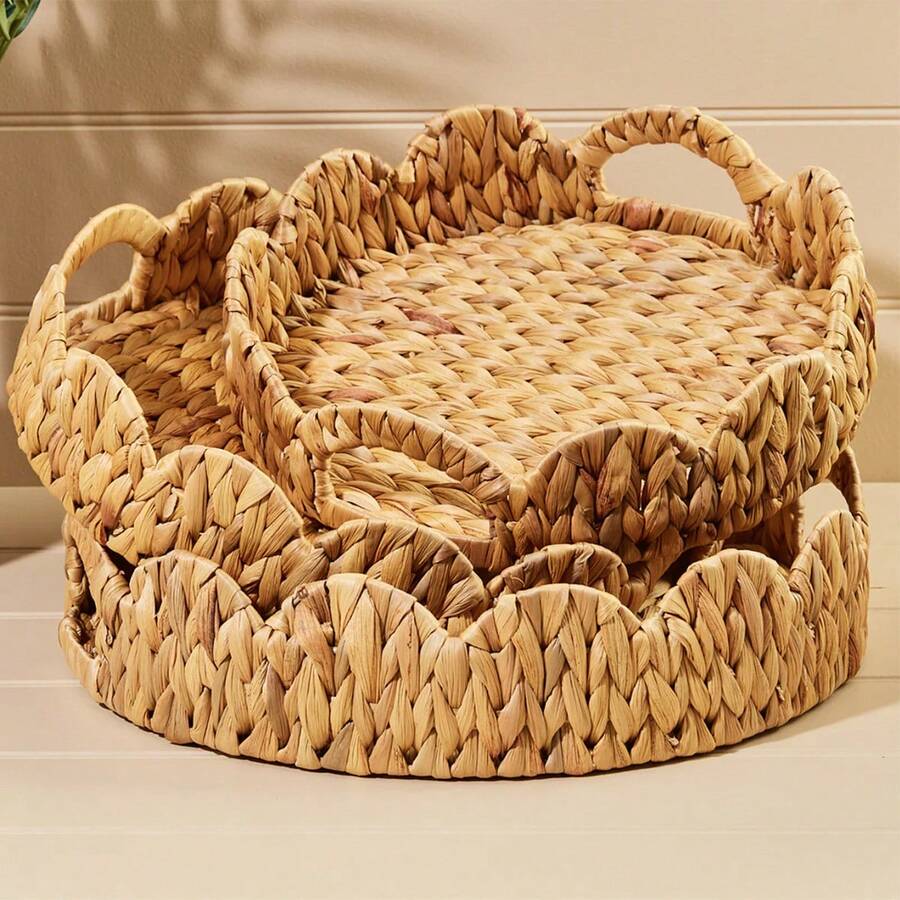 3pcs (S+M+L)/1pc Handwoven Willow Baskets, Scalloped Edge Water Hyacinth Rectangular Storage Baskets, Decorative Wicker Baskets For Coffee Table And Furniture Decor, Holiday Gift Organizer, Boho Reusable Storage Bins For Stationery, Closet, Toys, Cosmetics, Desk Organization, Ideal Gift Basket - Ginger - View 1