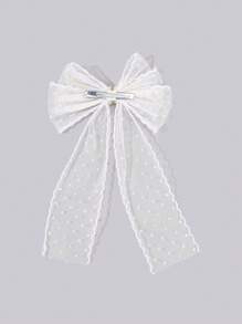 1 pieza de Pinza de pelo con malla de color beige para niñas con lazo a lunares, pinza de caimán con cola, perlas brillantes y rhinestones, pasador de pelo elegante para boda, accesorios de cabello delicados para vacaciones, accesorio de cabello para niños