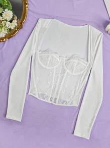 1pc Elegant Casual Solid Color Contrast Lace Cropped Top With Eyelash Trim, Slim Fit Stylish Blouse For Daily Wear