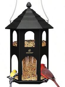 Comedero para pájaros de metal para colgar en exteriores, comederos de pájaros salvajes con percha circular, fácil de limpiar y rellenar, capacidad de semillas grande de 4 libras, color negro - Negro - Ver 1