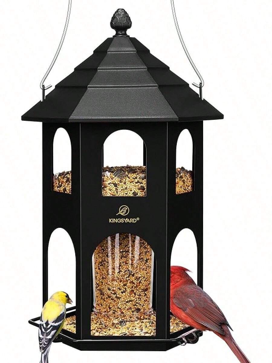 Comedero para pájaros de metal para colgar en exteriores, comederos de pájaros salvajes con percha circular, fácil de limpiar y rellenar, capacidad de semillas grande de 4 libras, color negro - Negro - Ver 1