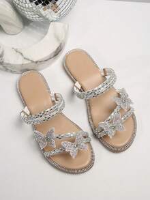 Colorful Rhinestone Bow Dual-Wear Women's Slide Sandals, Suitable For Wearing Outwardly, Fashion French Style Silver, Fit For Dating, Shopping, Party, Work Commute In Summer And Autumn,Beach Shoes - Apricot - View 8