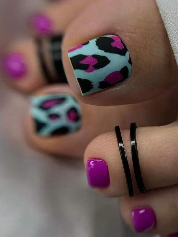 24PCS Square Toenails, Creative Multi-Color Pattern Toenails, Leopard Print Multi-Color Fake Nails. Fake Nail Pressing