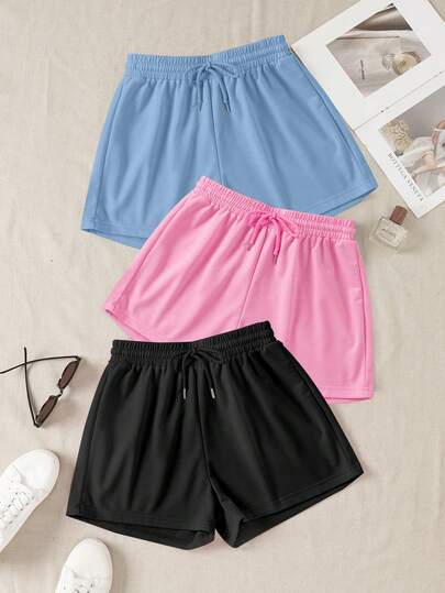 Loungeista 3 chiếc quần short thể thao và quần mặc nhà dáng rộng, màu trơn, có dây chun ở eo, buộc eo.