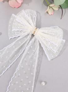 1 pieza de Pinza de pelo con malla de color beige para niñas con lazo a lunares, pinza de caimán con cola, perlas brillantes y rhinestones, pasador de pelo elegante para boda, accesorios de cabello delicados para vacaciones, accesorio de cabello para niños
