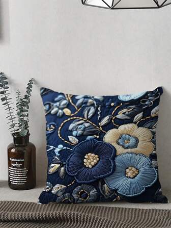 1pc, Vintage Floral Navy Blue Soft Plush Throw Pillow Cover,Various Size, Reversible Decorative Cushion Case For Sofa & Home, Machine Washable, Zipper Closure, Polyester 100%, Woven, Contemporary Style For Various Room Types - Pillow Not Included