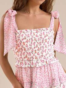 Women's Y2K Tie Shoulder Dress Boho Floral Print Sleeveless Smocked Bust Dress Short Flowy Dress Summer Beach Vacation Sundress - 粉色 - 查看 2