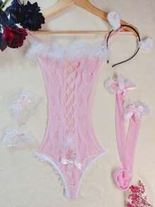 Naughty Roleplay Costume, Fishnet Lace Trim Camisole Bodystocking With Headpiece, Armband And Stockings, Sexy Lingerie Set For Women