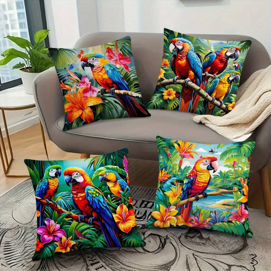 4pcs Tropical Parrot Print Throw Pillow Covers, Zippered Single-Sided Washable Cushion Covers, Home Decor For Sofa Bedroom, 18x18 Inch, No Pillow Insert - Multicolor - View 1