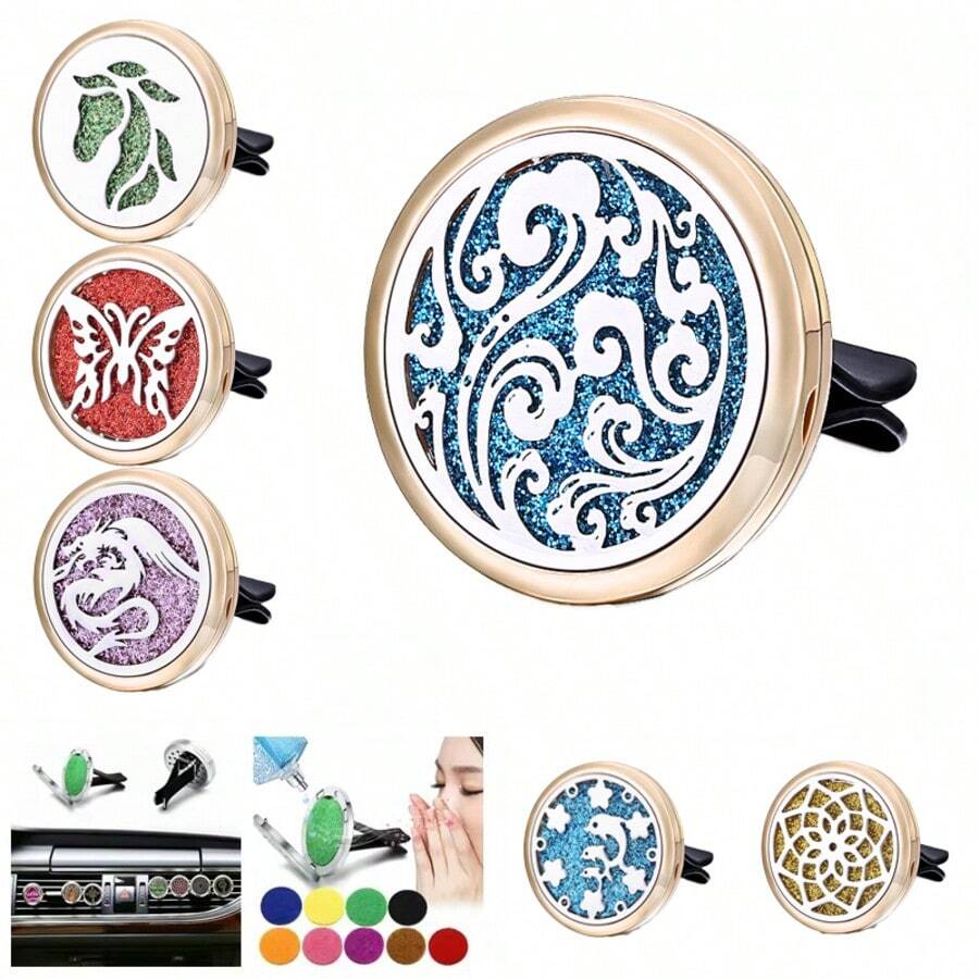 1 件可再填充汽车空气清新剂香水扩散器夹，汽车出风口车内配件，汽车香薰扩散器带 10 个垫