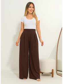 Wide-Leg Loose-Fitting Palazzo Pants In Viscose Fabric, Wide Waistband, High Waist, Pleats - Dark Brown - View 3