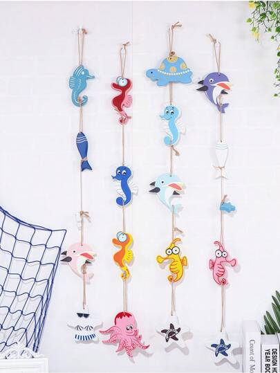 1pc Santorini Blue & White Starfish Small Fish Hanging Wall Decor, Mediterranean Wave Shaped Wall Accent, No-Nail Moisture-Proof Wooden Dining Room Background Wall Hanging Ornament, Multi-Layer Pendant Decorations For Children's Room Ocean Style, 3D Waterproof & Mildew-Proof INS Style Gift