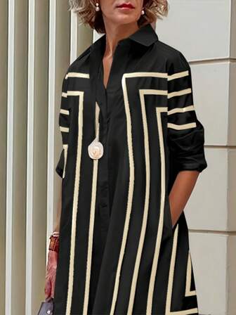 Geometric Pattern Long Sleeve Loose Button Stripe Lapel Midi Dress Shirt Dress, Polyester Fabric, Suitable For Beach, Evening, Office, Home, Spring/Summer