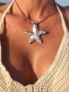 1 Piece Of Irregular Star Beaded Ocean Bohemian Alloy Silver Women's Necklace, Suitable For Dating Parties, Beach Vacations, Outdoor Matching, Daily Clothing Accessories - Bạc - Xem 1