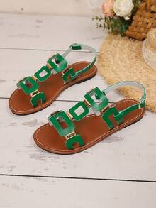 Sandales plates mode femme décorées de boucle carrée, été plage pour dames - Vert - Voir 7