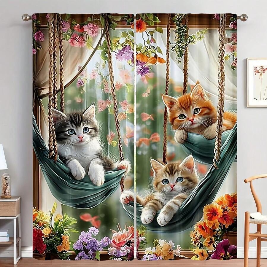 Cortinas transparentes com estampa de gato Whisker Wonders, 2 peças, com bolso para haste, painéis de cortina de poliéster, adequadas para quarto e sala de estar - laváveis à máquina, estilo moderno, semitransparentes - Multicolorido - Ver 1