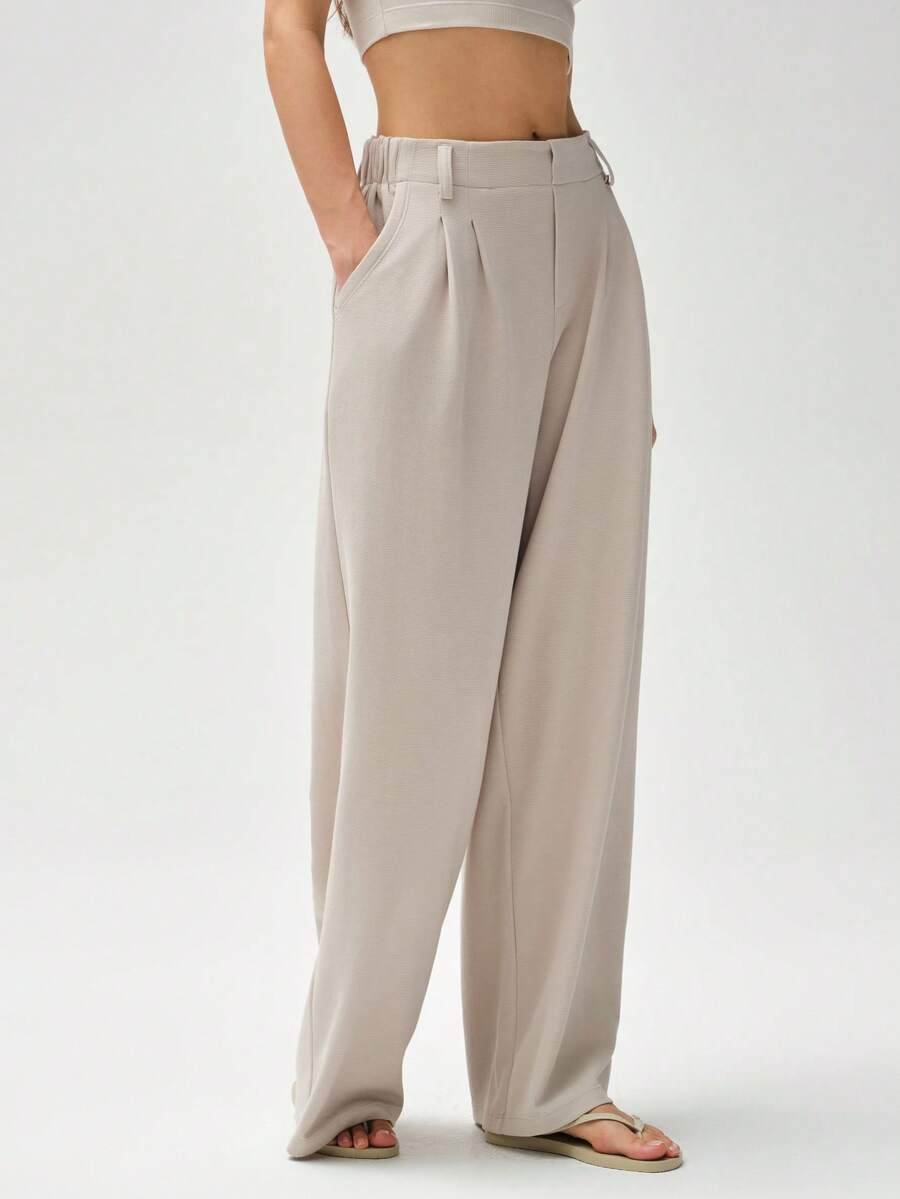 RRIVE High Waisted Wide Leg Trousers Slimming Palazzo Pants With Elastic Waist And Pockets Flowing Fabric For Business Casual, Work Clothes Women Pants Pantalones Anchos De Mujer - 奶油色 - 查看 1