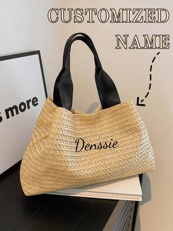 A Fashionable New Spring And Summer Seaside Holiday Straw Hand-Held Tote Bag, Suitable For Women'S Daily Use, Work Beach Vacation, Can Be Printed With Personalized Names Or Information.