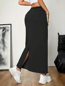 Women's Mid-Length Casual Skirt With Back Slit, Fashionable And Comfortable, Elastic Waist Long Skirt. - màu đen - Xem 2
