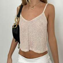Women Summer Spaghetti Strap Sequins Vest Cami Crop Tops Going Out Party Club Tops - 淺粉色 - 查看 2