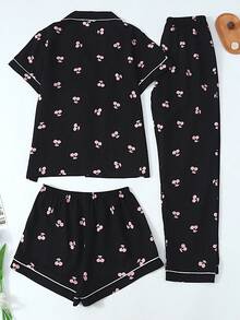 Conjunto de pijama informal de 3 piezas con estampado de cerezas para mujeres, compuesto por top de manga corta, pantalones cortos y pantalones, apto para uso en casa y exteriores, apto para primavera/verano - Negro - Ver 2