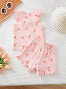 Baby Girls Bow Decor Sleeveless Printed Top + Bow Shorts 2pcs Set, Elegant And Cute Series, Essential Baby Summer Outfit