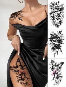 3 قطع وشم مؤقت بنقوش زهرية جذابة، وشم وردة سوداء واقعية مقاوم للماء، رسم فني للجسم للذراعين والساقين، عيد الحب - الأسود - مشاهدة 3
