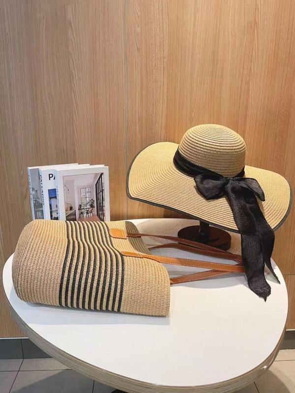 2 Pièces Set - Grand Chapeau de paille et Sac pour Femmes, Protection Solaire d'Été, Chapeau à Large Bord Décoré d'un Nœud Papillon