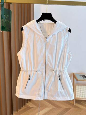 Chaleco sin mangas para mujer con bolsillos y cremallera, de unicolor, diseño de cintura, versátil para el transporte, otoño