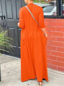 EARO Plus Size Women Casual Solid Color Dual Pocket Long Lightweight Open Front Jacket, Comfortable Daily Versatile Windbreaker Coat, Spring Autumn, Unique Design Loose Fit - Orange - View 2