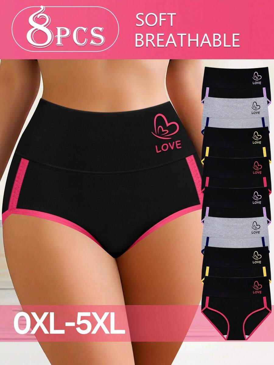 8pcs Plus Size High Waist Panties For Women, Colorblock Design, Soft & Breathable Briefs - 彩色 - 查看 1