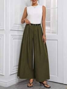 Nuovi pantaloni con tasche in vita alta, stile retrò, morbidi e ampi, per primavera ed estate (cintura non inclusa) - Verde militare - Visualizzare 4