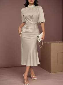 Women's Spring Summer Temperament Solid Color Short Sleeved Wrap Buttocks Fish Tail Dress - 卡其色 - 查看 1