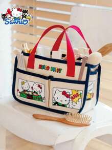 Sanrio 1pc Sanrio Hello Kitty Tool Storage Bag, Bicolor Beige Red Blue Handbag, Large Capacity Multi-Compartment Storage Design, Suitable For Miscellaneous Items, Travel Supplies, Stationery Organization, An Ideal Gift